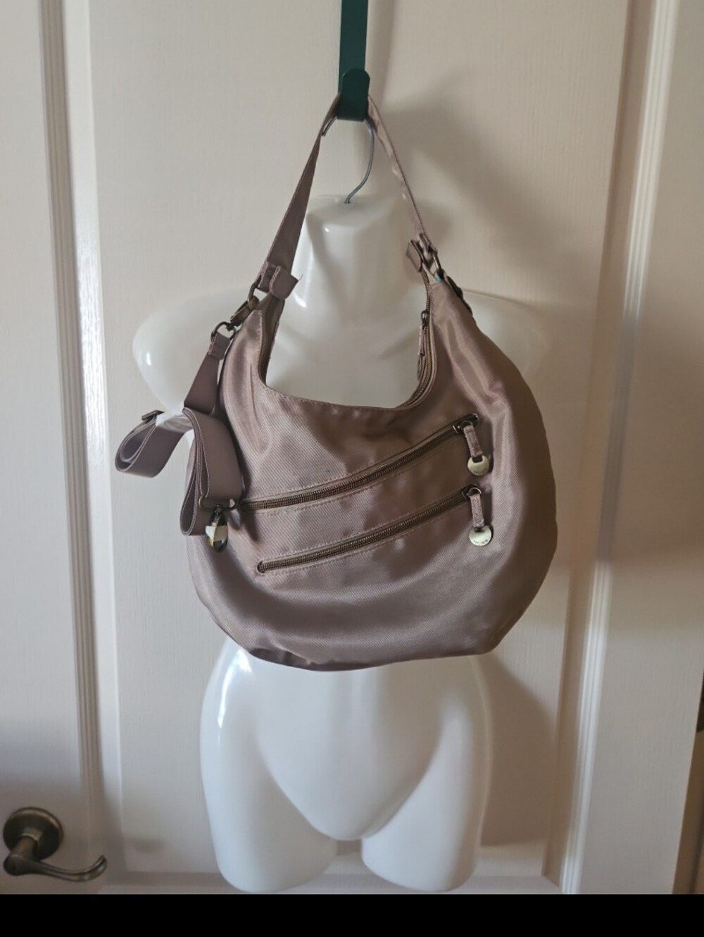 Hobo Bag Nylon By TravelOn brand Blue Inside Dark Beige Lots Of Pouches W Strap